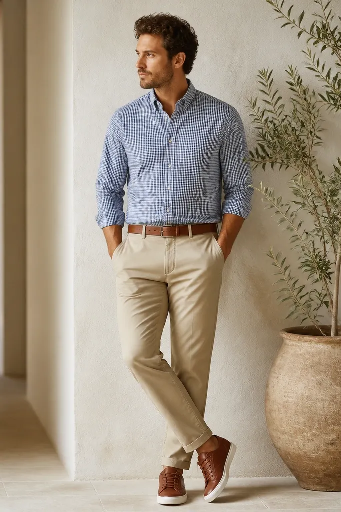 Tan chinos with a small-scale gingham button-down in blue and white. Brown leather sneakers and a tan belt. The shirt is tucked and the sleeves are rolled once.