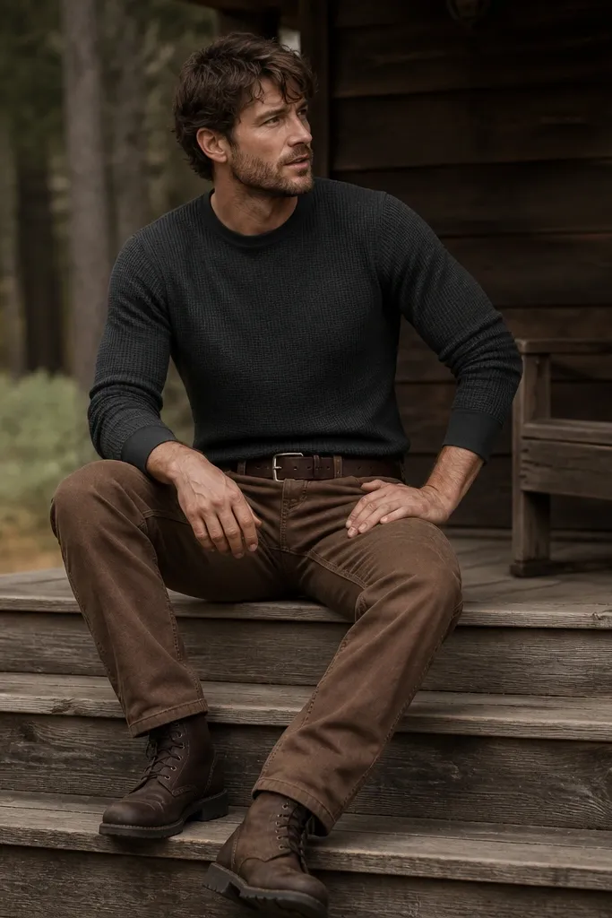 Mocha-brown pants paired with a charcoal long-sleeve thermal shirt. Workwear boots in dark brown and a rugged leather belt. The thermal texture is visible at the cuffs.