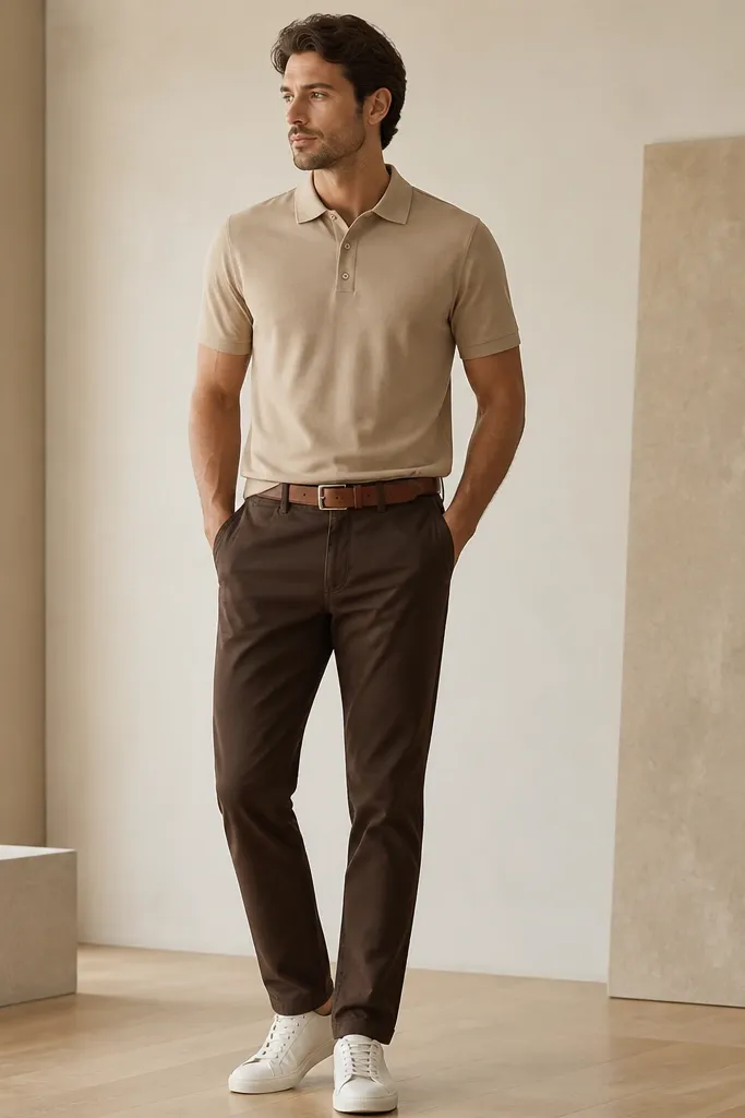 Deep brown pants with a tan polo shirt. White canvas sneakers and a brown belt. The polo collar is crisp and the shirt is tucked or lightly tucked.