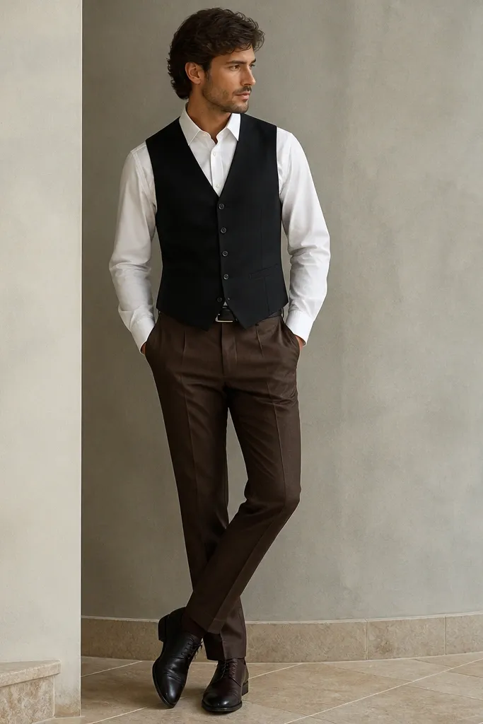 Brown pants with a crisp white button-down and a black fitted vest worn over it. Dark dress shoes and a black belt. The vest buttons are closed and the shirt collar sits clean.