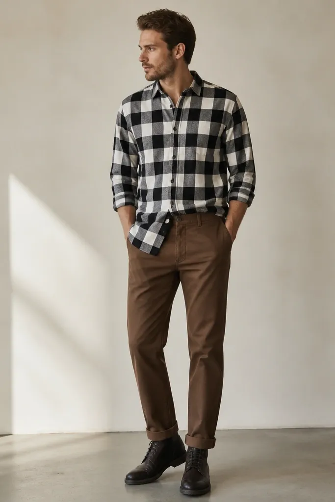 Brown pants paired with a black-and-white check flannel or button-up shirt. The shirt is half-tucked with a visible seam, worn with dark brown or black boots. The check pattern is clear and high contrast.