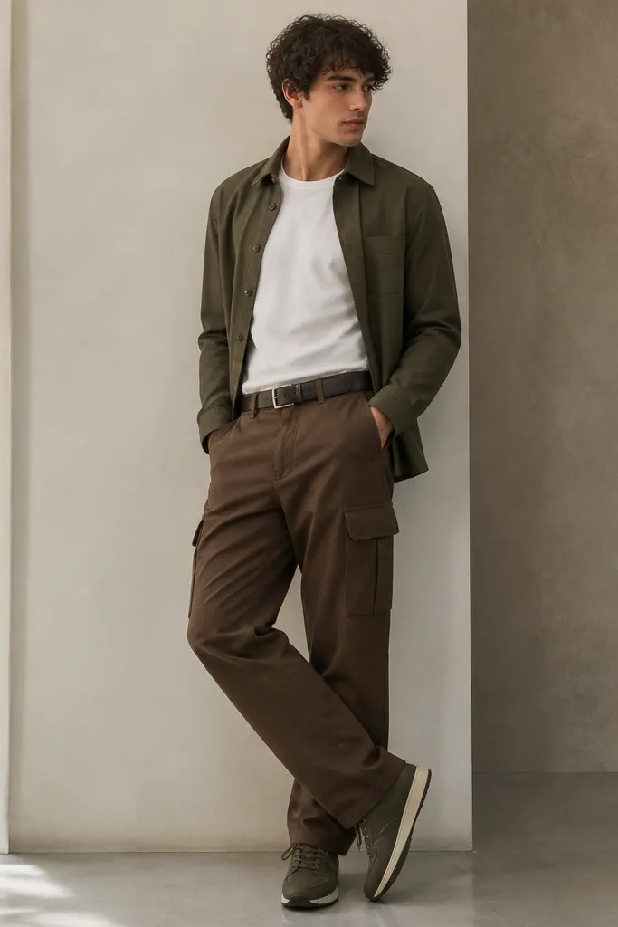 Brown cargo pants with visible pockets and a straight leg. A white crew-neck tee underneath and an olive overshirt worn open. Olive or dark sneakers and a simple belt.