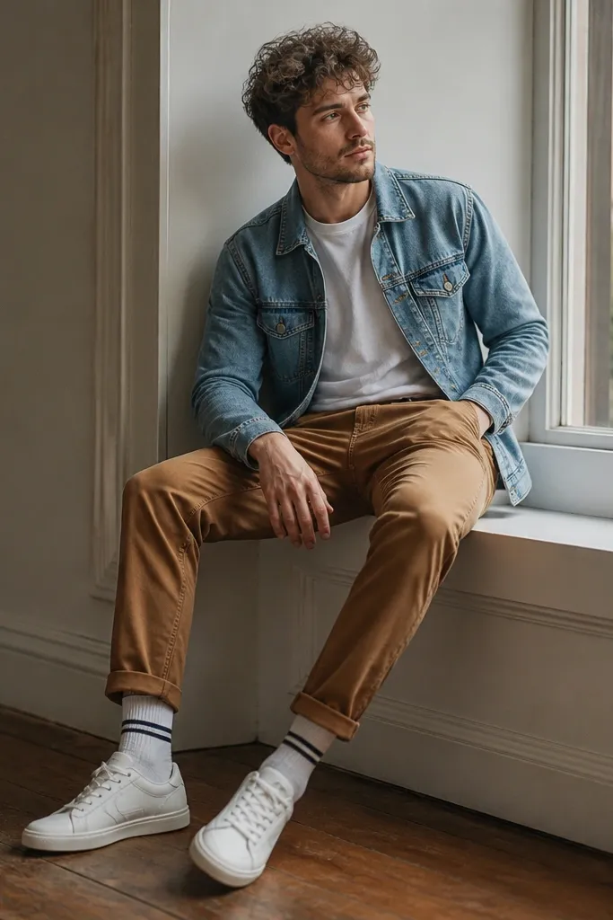 Warm brown chinos paired with a light blue denim jacket. A simple white or light tee underneath. Shoes are white sneakers and the socks are visible with thin stripes.