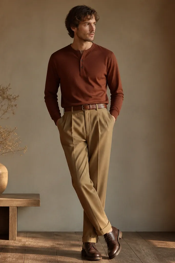 Model wearing a rust-brown henley with three dark buttons, tucked into high-waisted camel pleated trousers. Espresso leather boots with a slightly worn welt sit over the cuffs. A thin cognac belt matches the boots, and the outfit has a warm, late-afternoon feel with soft shadows around the pleats.