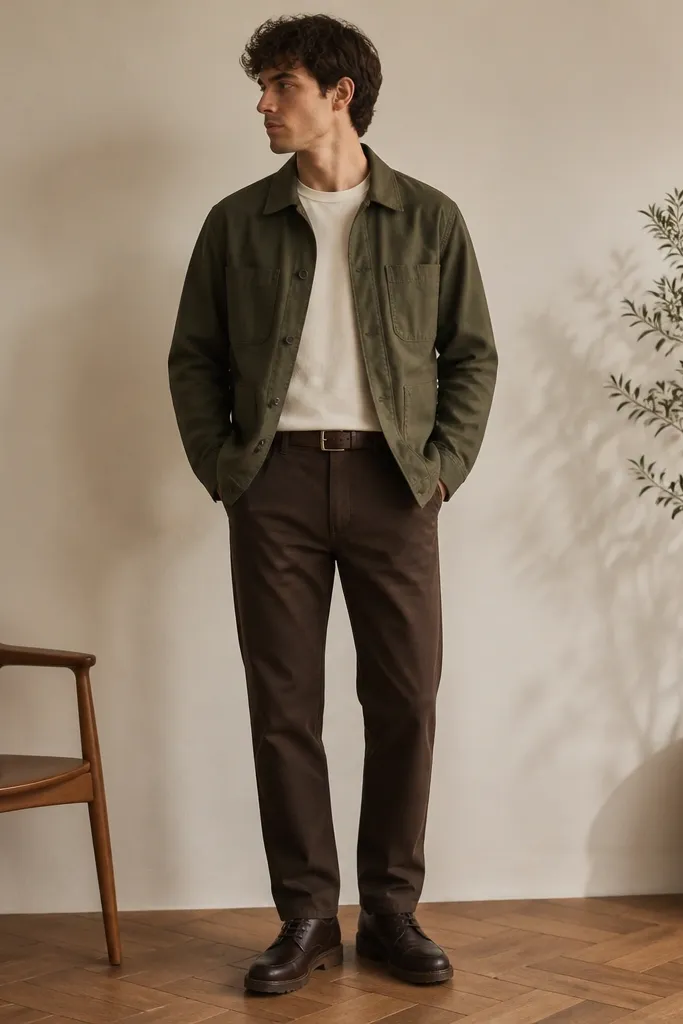 Outfit shows an olive chore coat with two chest pockets and a slightly boxy fit over a plain milk-white crew tee. The chocolate-brown straight-leg chinos sit at a mid rise, with a clean belt and subtle stitching. Dark brown work-style lace-up shoes complete the look, and the hem falls just above the shoe tongue.