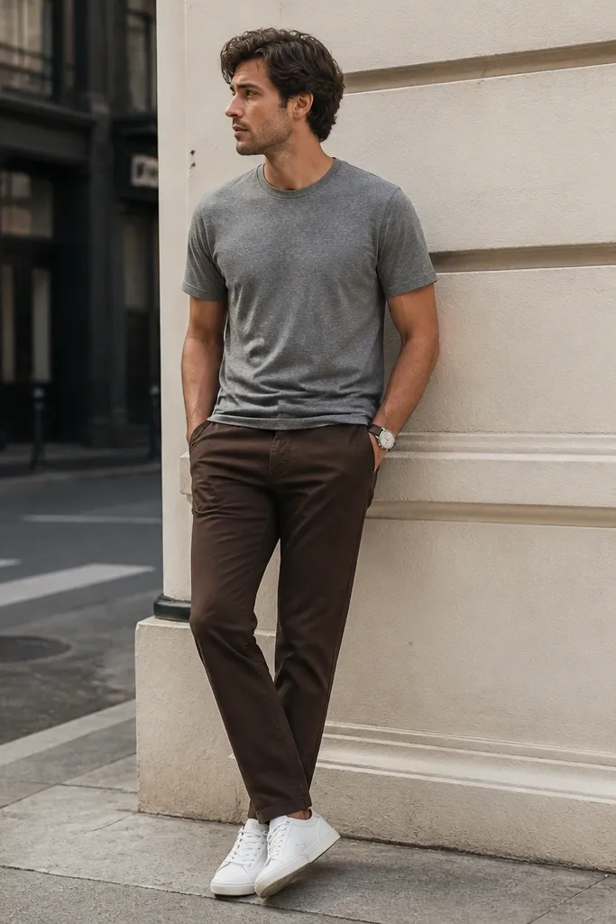 Chocolate brown chinos paired with a heather gray crewneck T-shirt, worn with clean white low-top sneakers and a minimal silver watch; the photo is outdoors near a street corner.