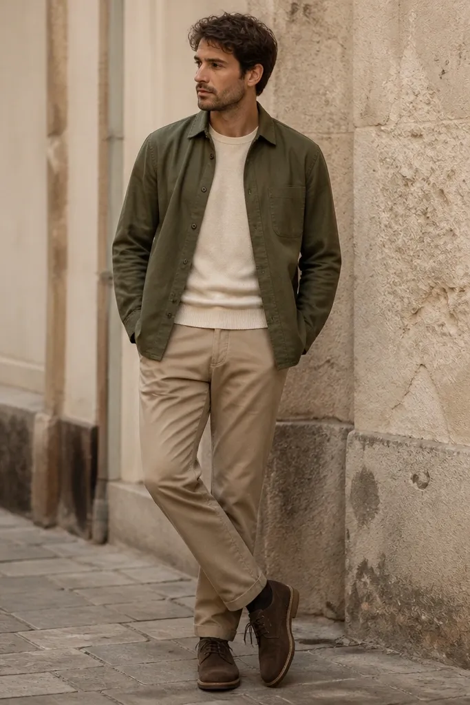 Tan pants with an olive overshirt layered over a cream tee, paired with brown suede desert boots; the image shows a relaxed street style stance.