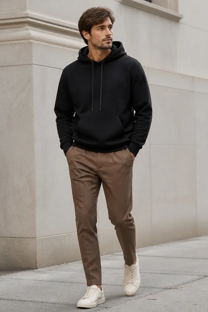 Medium chestnut brown tapered pants with a black hoodie, paired with off-white sneakers; the photo shows a hoodie drawstring and a clean street sidewalk background.