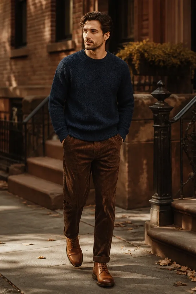 Dark brown corduroy pants paired with a navy knit sweater and cognac leather lace-up boots; the scene looks like fall street lighting with warm tones.