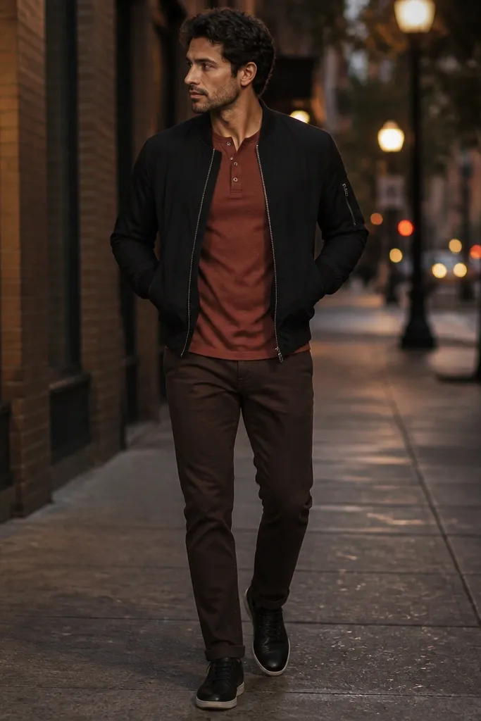 Dark brown chinos styled like denim with a rust henley shirt underneath a black bomber jacket, finished with black sneakers; the photo shows an evening city street vibe.