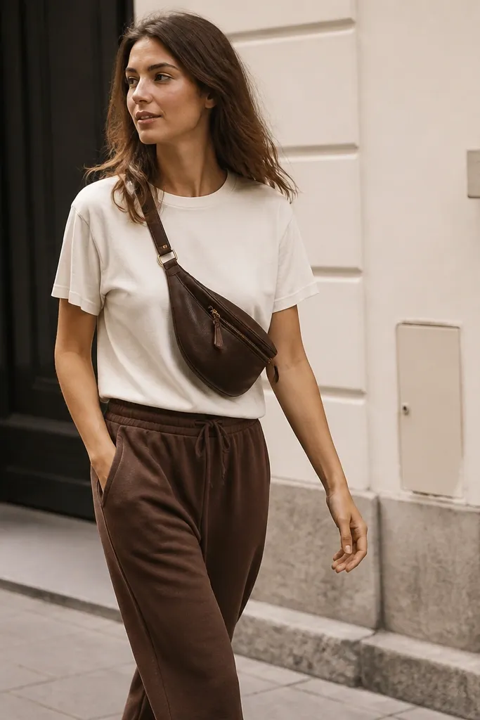 Cocoa brown sweatpants with a cream crew T-shirt and a brown leather belt bag worn cross-body at the waist; the photo shows a casual street walk.