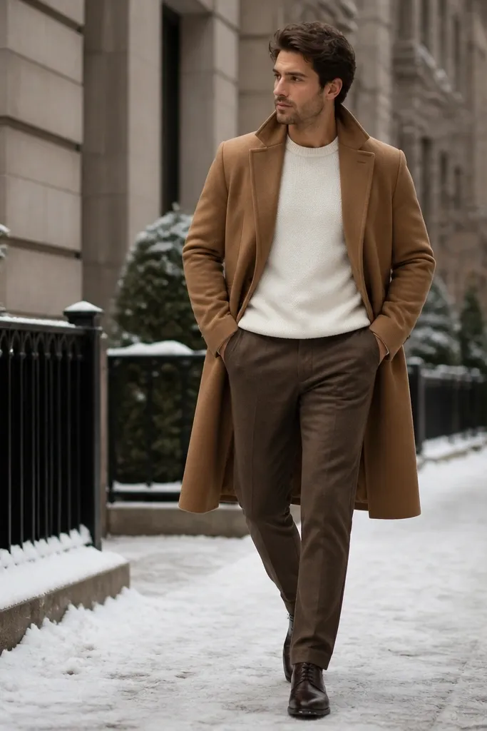 Medium brown wool trousers with a white crewneck sweater and a camel overcoat, paired with dark leather shoes; the image shows a sharp winter street look.