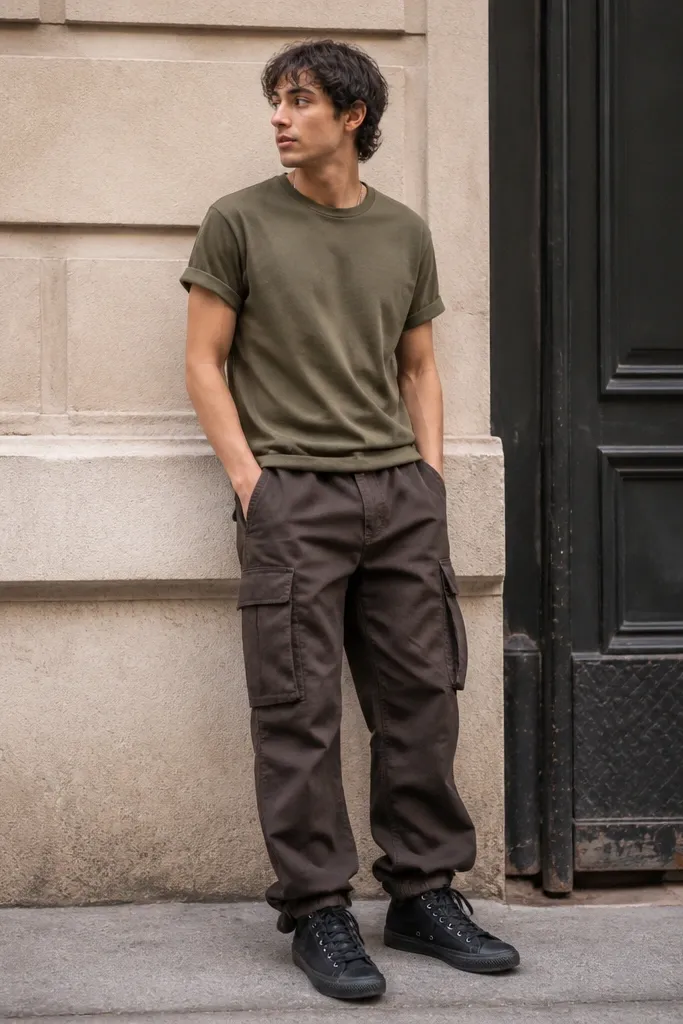 Dark brown cargo pants with large pockets, an olive t-shirt, and black high-top sneakers; the image shows a casual street stance.