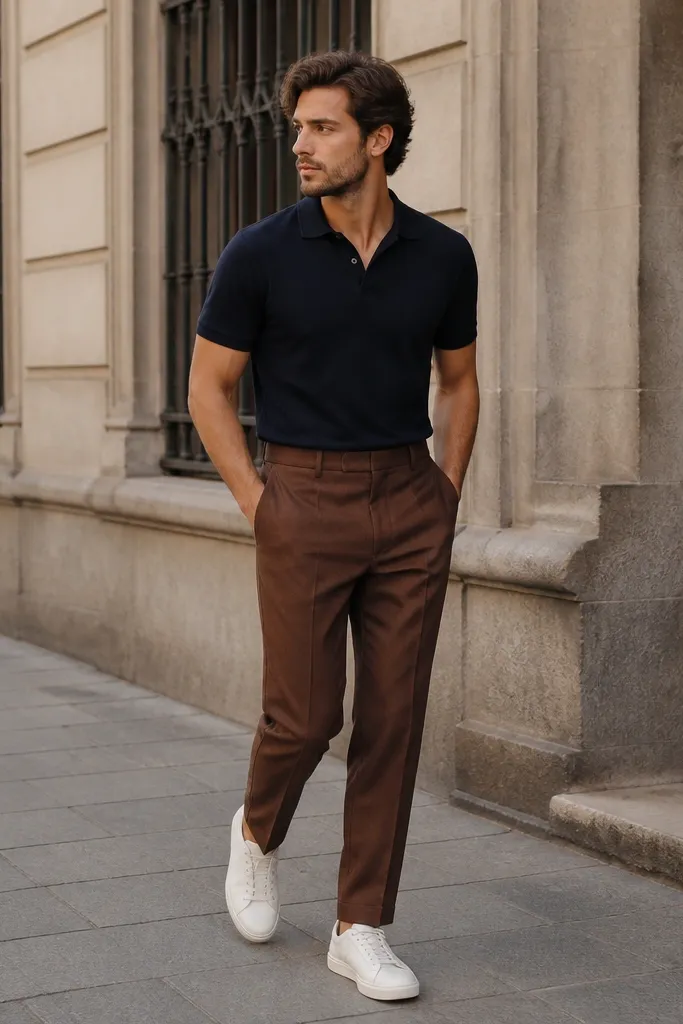 Chestnut brown suit-style trousers paired with a navy polo shirt and white sneakers; the photo shows a smart-casual street look.