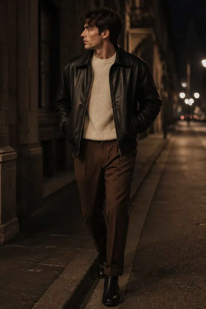 Brown pants with a cream sweatshirt under a black leather jacket and black boots; the photo looks like a night street scene with streetlights.