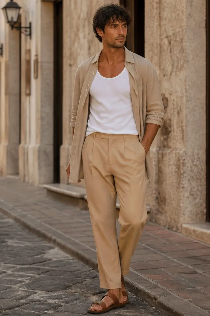 Tan pants worn with a white tank top, a tan overshirt layered open, and brown leather sandals; it looks like a warm-weather street scene.