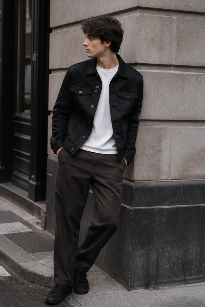 Dark brown pants with a white crew T-shirt and a black denim jacket, plus black sneakers; the photo shows a casual street corner.