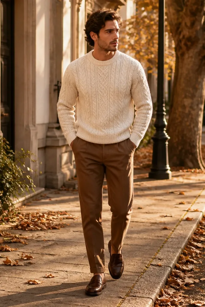 Medium brown pants paired with a cream cable-knit sweater and dark brown loafers; the image shows fall street styling with warm light.