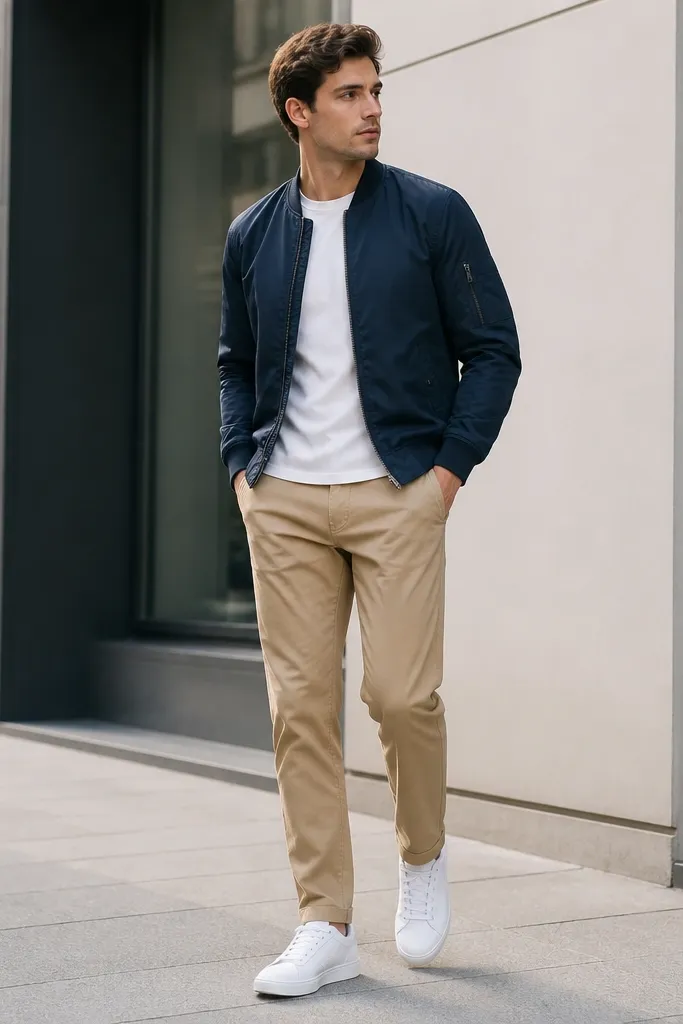 Tan pants with a navy bomber jacket over a white crew tee and white sneakers; the photo shows a clean, modern street fit.
