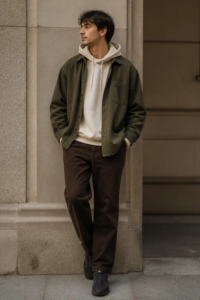Chocolate brown pants with an off-white hoodie layered under an olive overshirt, paired with dark sneakers; the photo shows layered street style.