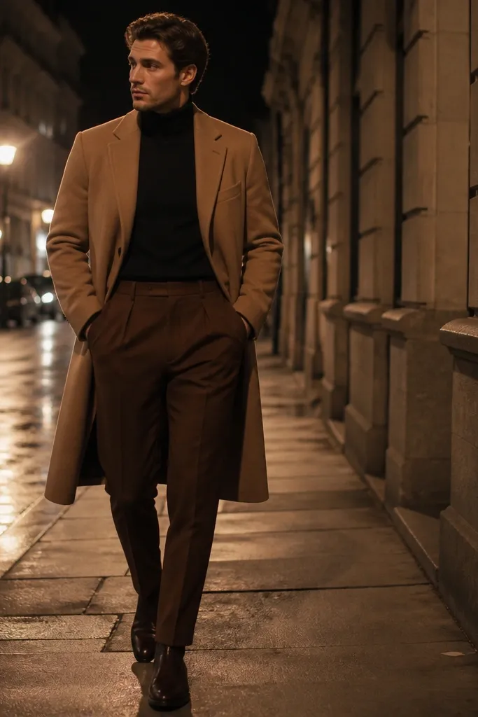 Cinnamon brown pants with a black turtleneck and camel overcoat, finished with dark leather shoes; the photo looks like a cold-weather evening street.