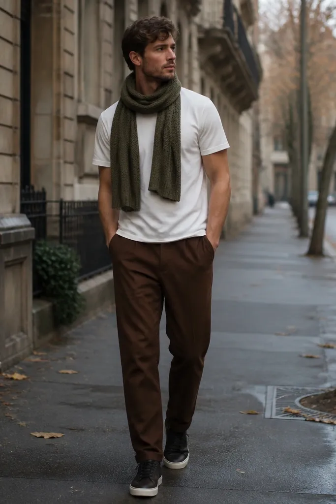 Chocolate brown pants with a white crew tee, an olive knit scarf loosely wrapped, and dark sneakers; the photo shows a cool-weather street moment.