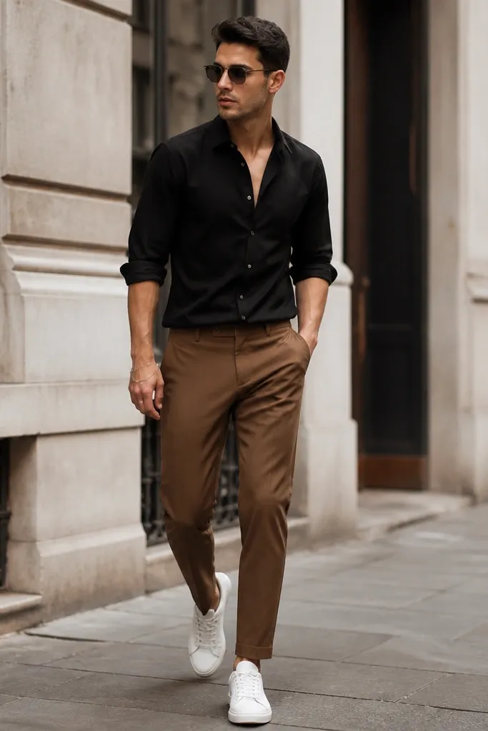 Medium brown pants paired with a black oxford button-down, sleeves rolled, and white sneakers; the photo shows a crisp street style look.