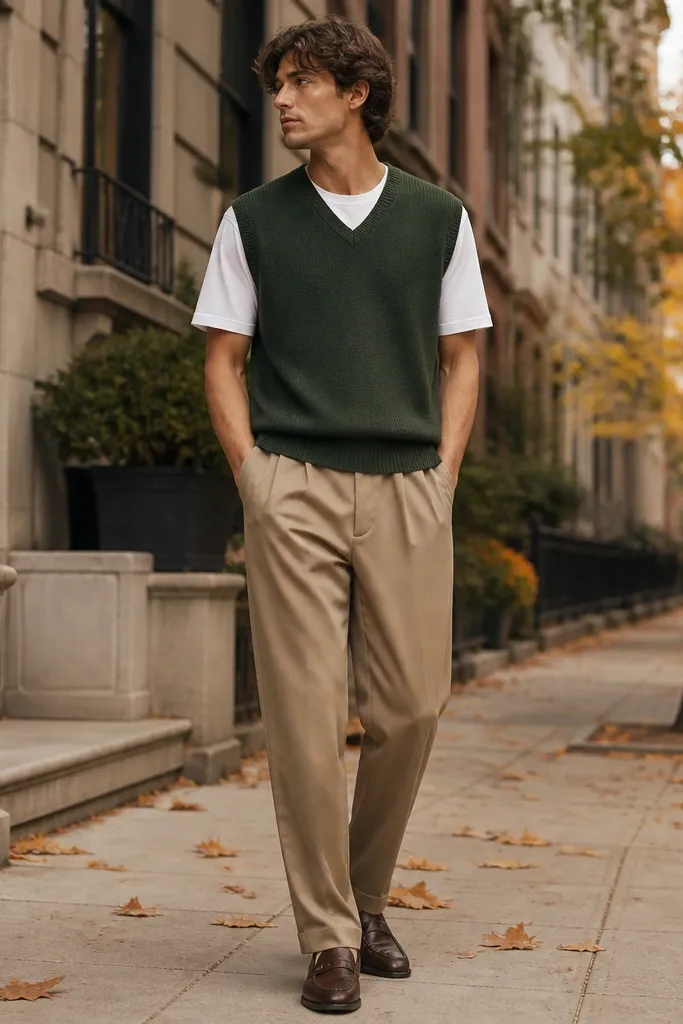 Tan pants with a dark green sweater vest layered over a white tee, paired with brown loafers; the image shows a layered fall street outfit.