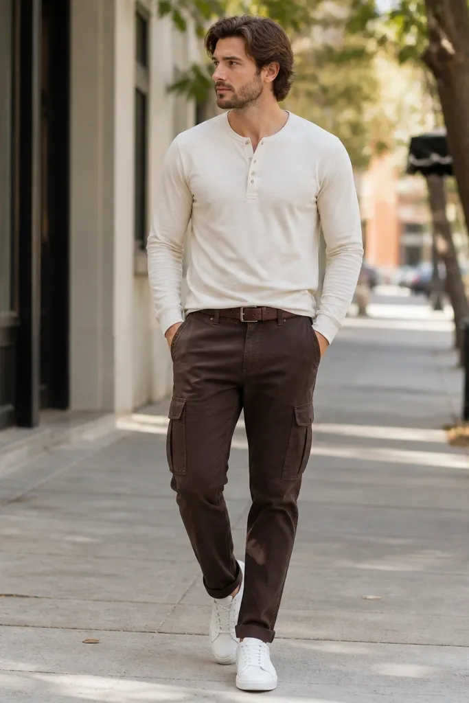 A man wearing dark brown cargo pants with visible side pockets, a cream long-sleeve henley with three buttons, and clean white low-top sneakers. A simple brown belt is visible at the waist; the background is a street sidewalk in daylight.