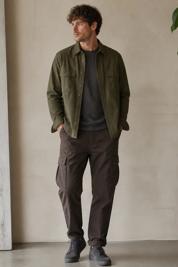 A man in dark brown cargo pants, a charcoal crewneck tee, and an olive green overshirt layered on top. The overshirt has two chest pockets and a straight hem; shoes are dark grey suede sneakers.