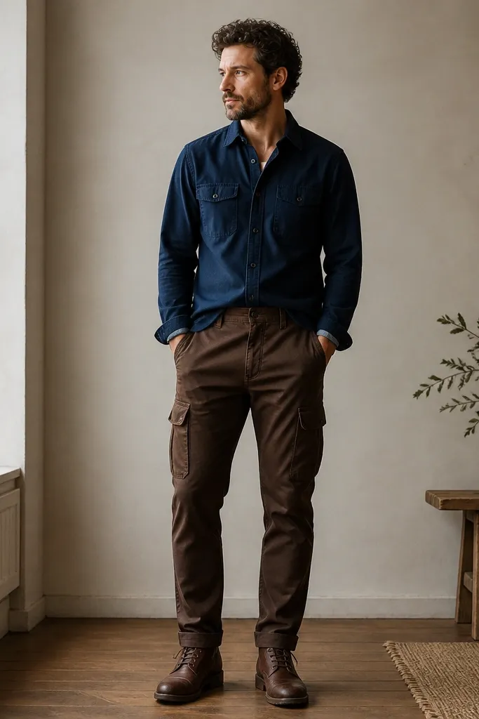 A man wearing dark brown cargo pants with a navy button-up workshirt tucked in at the front. He has brown leather lace-up boots; the shirt cuffs show slightly at the wrists.