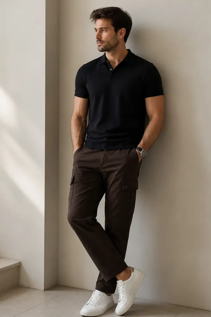 A man in dark brown cargo pants wearing a black knit polo with short sleeves. He has minimal white trainers and a black watch strap; the polo collar sits neatly.