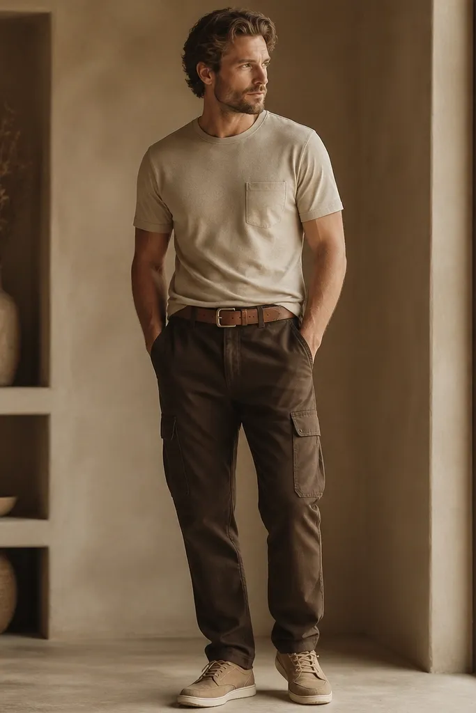 A man wearing dark brown cargo pants with a sand/beige crew T-shirt. A cognac leather belt is visible and he has tan casual shoes; the lighting is warm and natural.