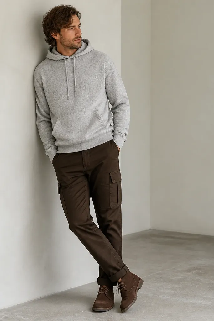 A man wearing a light grey hoodie with the hood down, dark brown cargo pants, and dark brown chukka boots. The hoodie drawstrings are visible; the boots have suede texture.