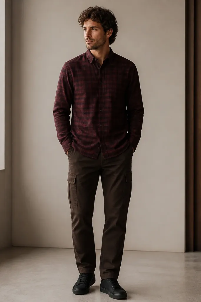A man wearing dark brown cargos with a burgundy plaid flannel buttoned up, black leather belt, and black low-profile sneakers. The flannel hem covers the waistband slightly.