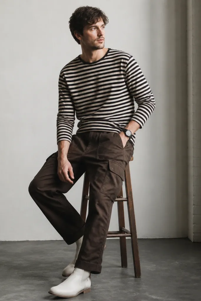 A man wearing dark brown cargo pants with a black-and-cream striped long-sleeve tee. He has white leather boots and a dark watch; the stripes are horizontal.