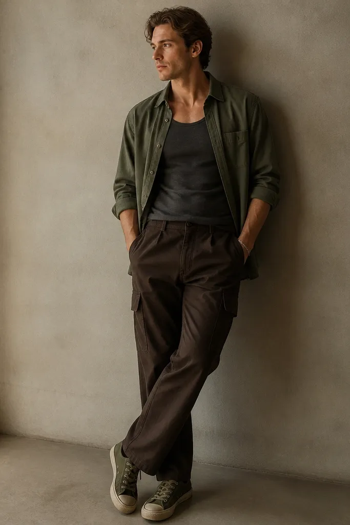A man wearing dark brown cargo pants, a charcoal tank top, and an olive overshirt worn open. He has olive canvas sneakers and a simple chain bracelet.