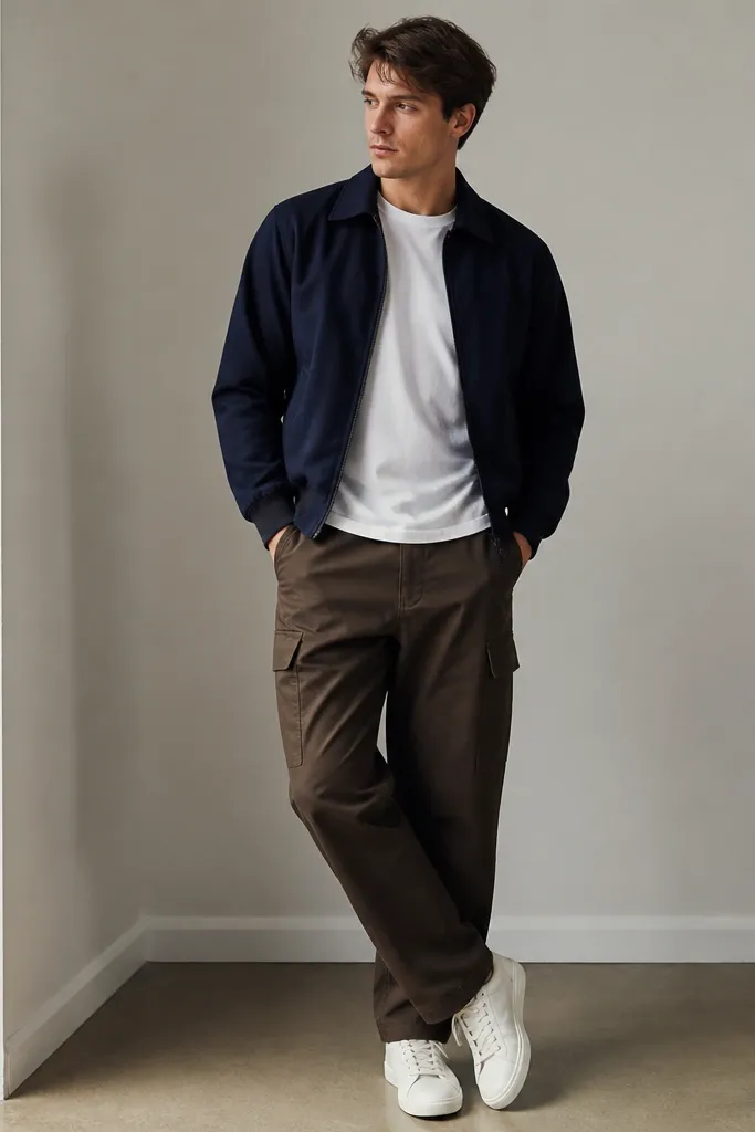 A man wearing dark brown cargo pants with a white crew tee and a navy harrington jacket. The jacket has a ribbed collar and cuffs; he wears white sneakers.