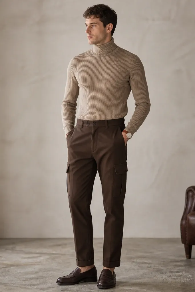 A man wearing dark brown cargo pants with a tan ribbed turtleneck sweater tucked in. He has dark leather loafers and a brown watch strap.