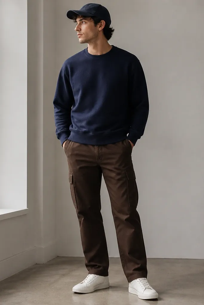 A man in dark brown cargo pants with a deep navy crewneck sweatshirt. He wears white canvas sneakers and a simple dark baseball cap.