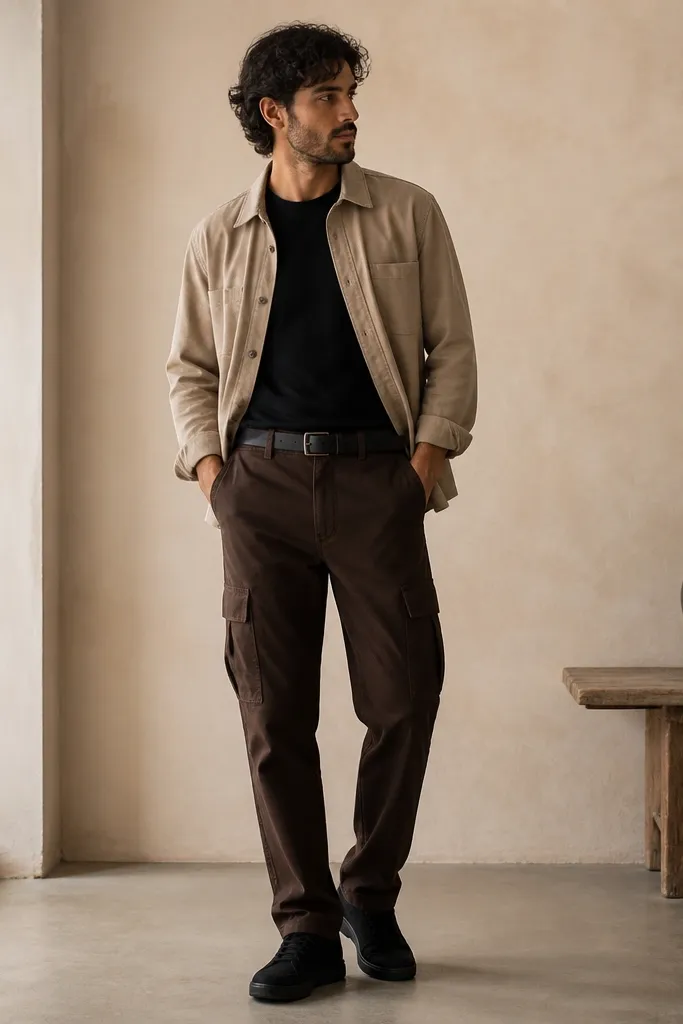 A man wearing dark brown cargo pants with a black crew tee and a sand overshirt layered on top. He has black suede sneakers and a black belt.