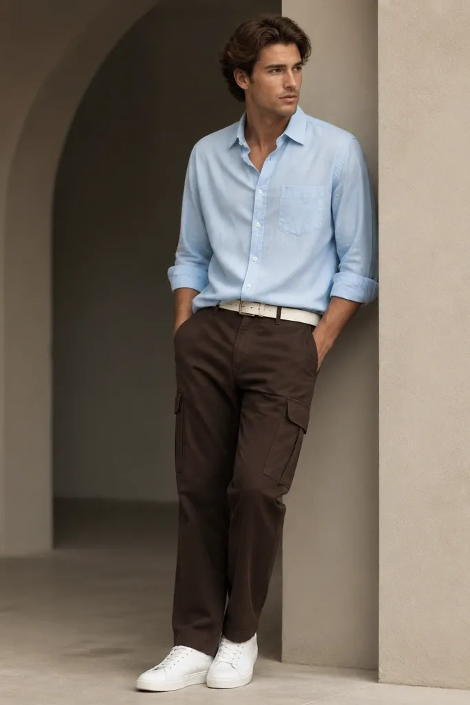 A man wearing dark brown cargo pants with a light sky-blue oxford shirt. The shirt sleeves are rolled and the shirt is tucked slightly; he wears a white belt and white sneakers.