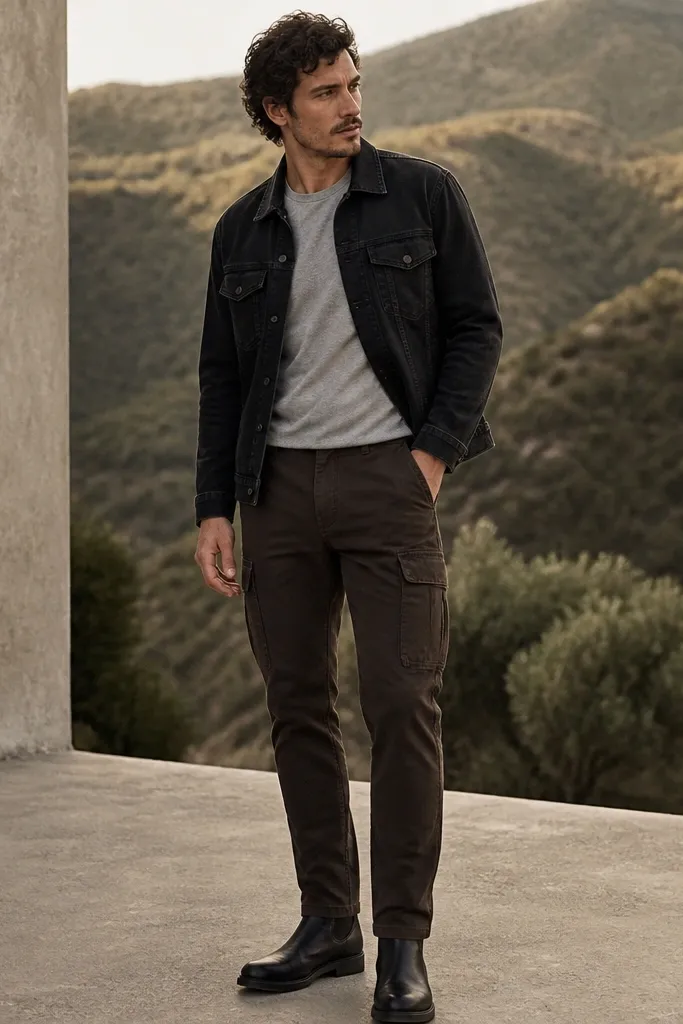 A man wearing dark brown cargo pants with a grey crew tee and a black denim jacket. The jacket is unbuttoned and he wears black boots.