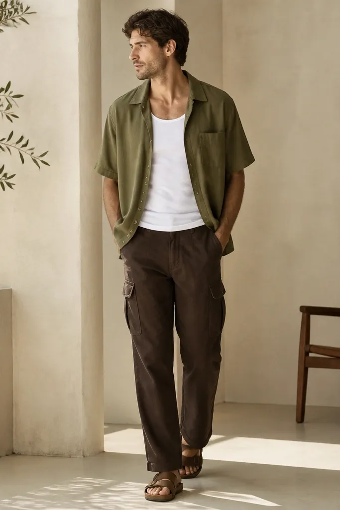 A man wearing dark brown cargo pants with a white tank top. Over it he wears an olive short-sleeve button shirt open at the front; he has brown sandals or casual slides.