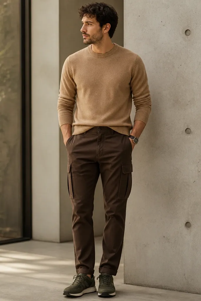 A man wearing dark brown cargo pants with a camel crew sweater. He has dark green sneakers and a brown watch; the sweater is tucked slightly at the front.