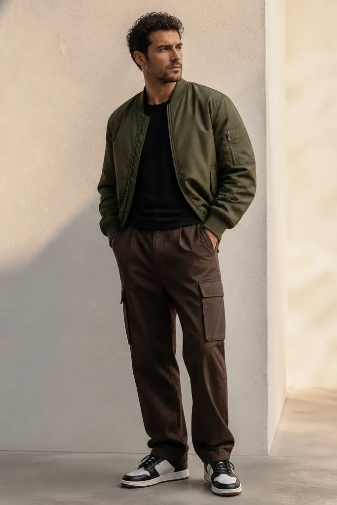 A man wearing dark brown cargo pants with a black crew tee and an olive bomber jacket. The bomber has a ribbed hem and cuffs; he wears black and white sneakers.