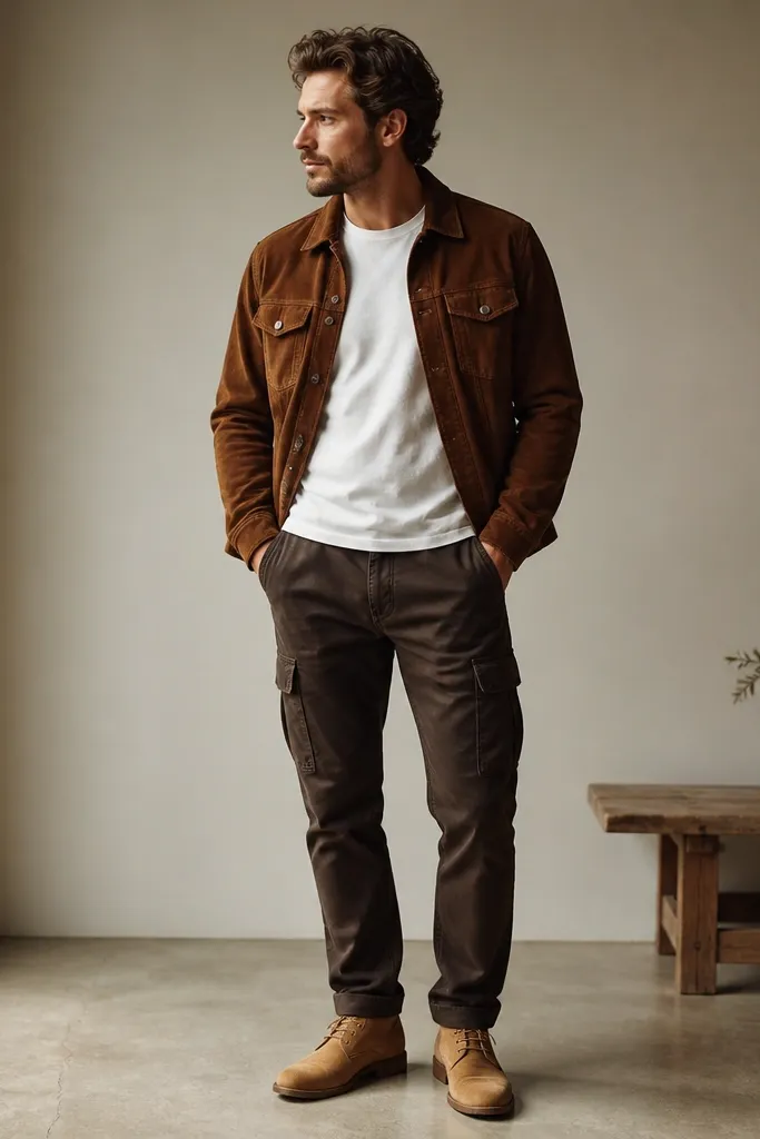 A man in dark brown cargo pants with a white T-shirt and a brown suede trucker jacket. The suede has a soft nap; he wears tan suede desert boots.