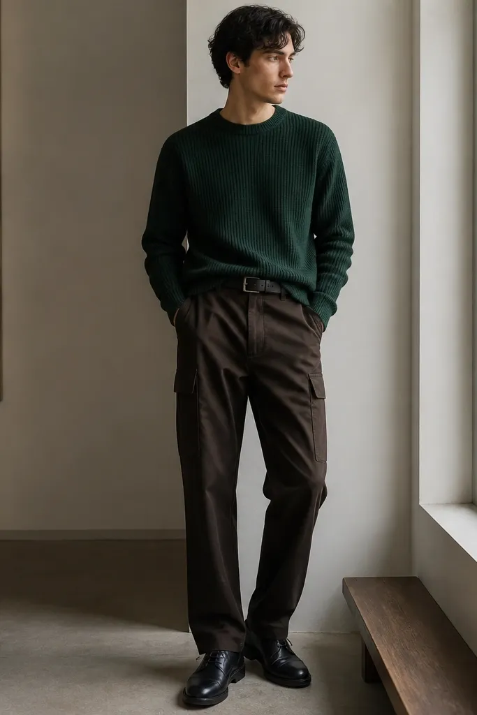 A man wearing dark brown cargo pants with a deep green knit sweater. He has black derby shoes and a black belt; the sweater is tucked at the front.