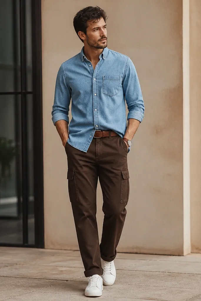 A man wearing dark brown cargo pants with a light blue denim shirt worn buttoned and untucked. He wears white sneakers and has a brown belt; the denim shirt sleeves are rolled once.