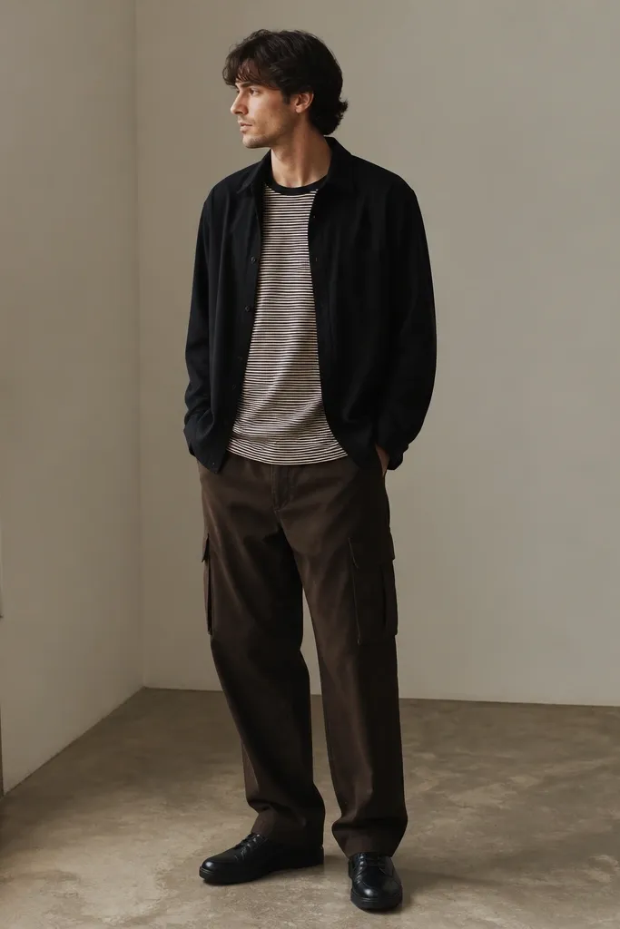 A man wearing dark brown cargo pants with a black overshirt layered over a striped tee. The overshirt is open, and he wears black leather sneakers.
